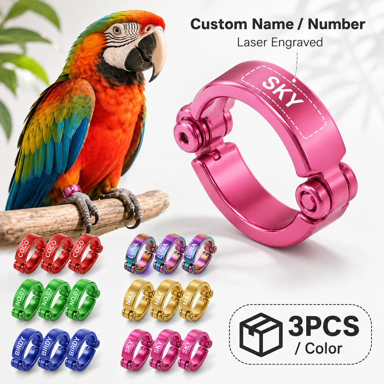 18Pcs Custom Metal Bird Foot Rings with Text, Personalized Name/Serial Number Content, Available in 6 Colors, Anti-Escape Parrot Foot Rings, Bird Foot Bands with Ring-Style Outdoor Flight Training Clips, Ric Accessories, Suitable for Training Small, Medium, and Large Birds, Bird Training Tools, Bird Behavior Adjustment Supplies, Durable Structure, for Pet Bird Enthusiasts, Professional Bird Breeders