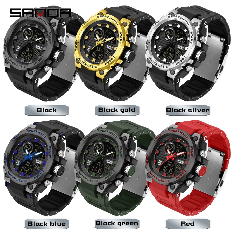 SANDA Men\'s Sport Quartz Watch Men LED Digital 5ATM Waterproof Sport Military Watches Man Double Display Wristwatch Relogio Men