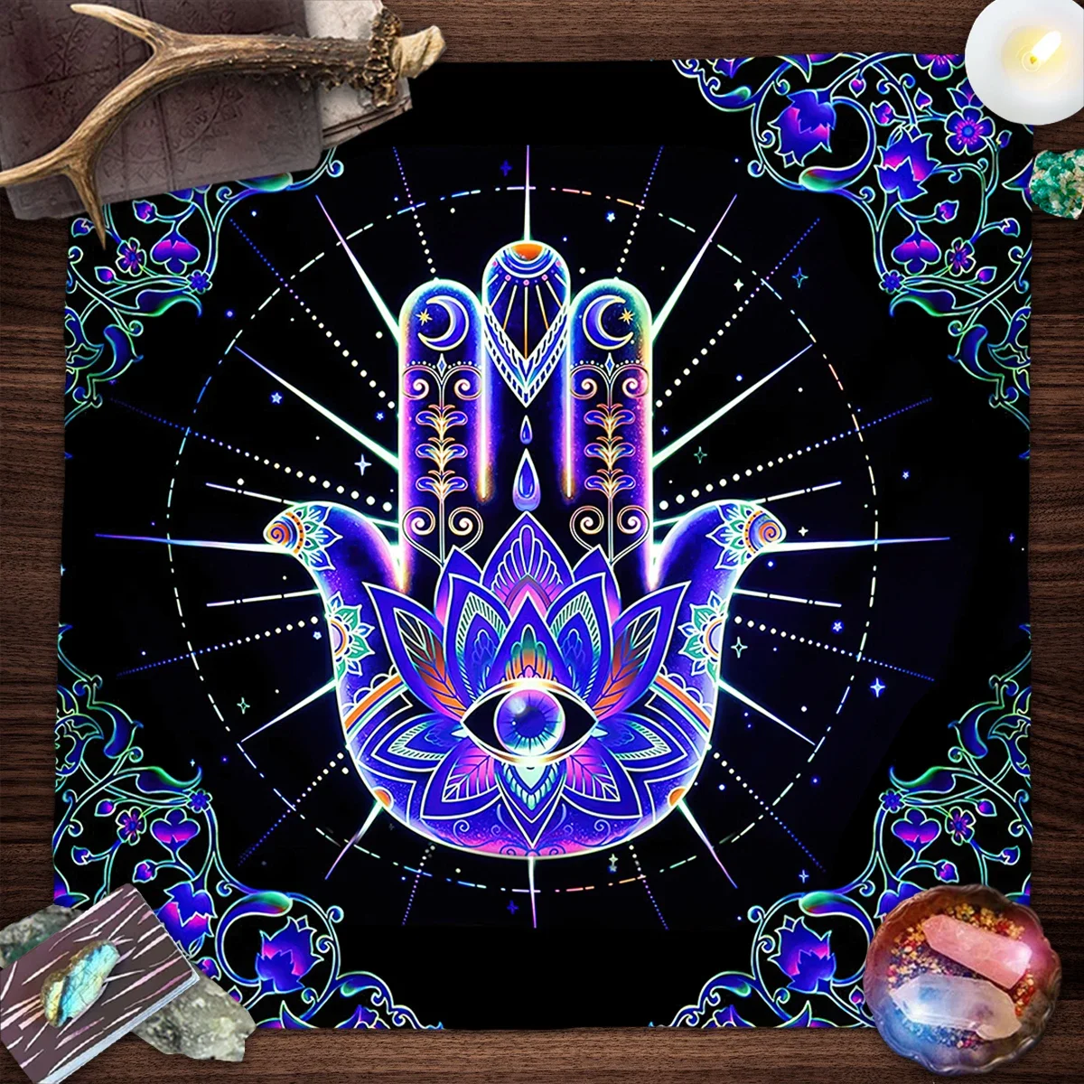 Mystical Astrology Tarot Tablecloth Blue Mandala Hand Witch Altar Cloth for Tarot Reading Witchcraft Home Decor Ritual Mat