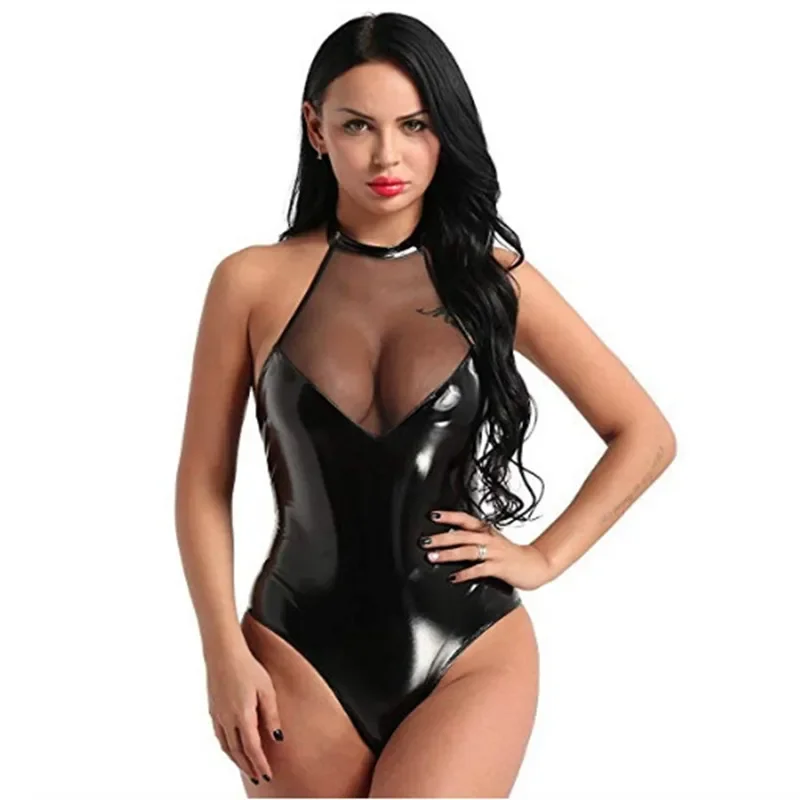 Plus Size 4XL Women Sexy Mesh Patchwork Lingerie Faux Leather Night Club Bodysuit Adult Latex PVC Catsuit Fetish Erotic Wear