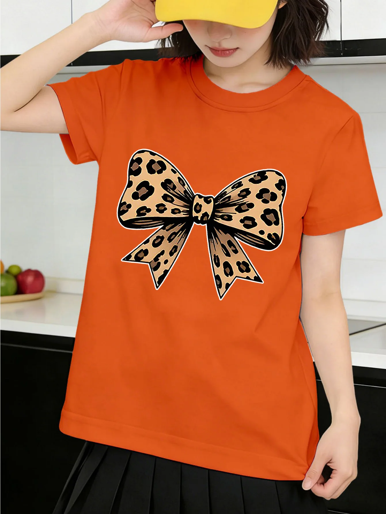 Cute Leopard Print Bow Pattern Graphic Kids Tee Boys Girls Family Matching Cotton Crew Neck Short Sleeve Soft Summer Tee