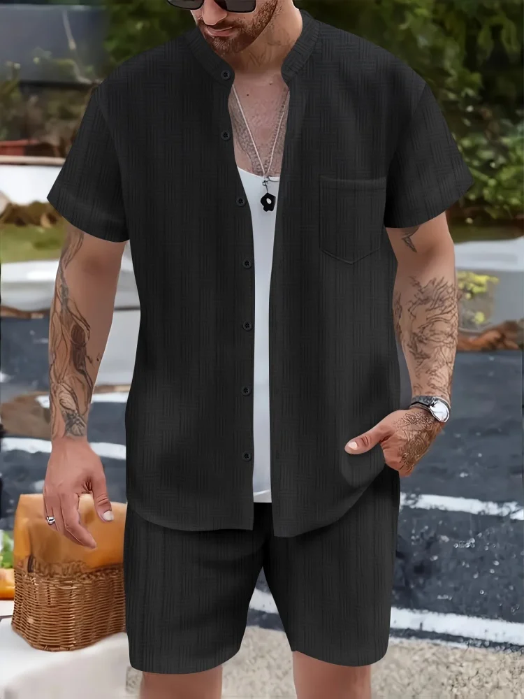 2025 Summer hot men's fashion Henry collar jacquard pocket shirt daily casual solid color drawstring shorts beach two-piece Set