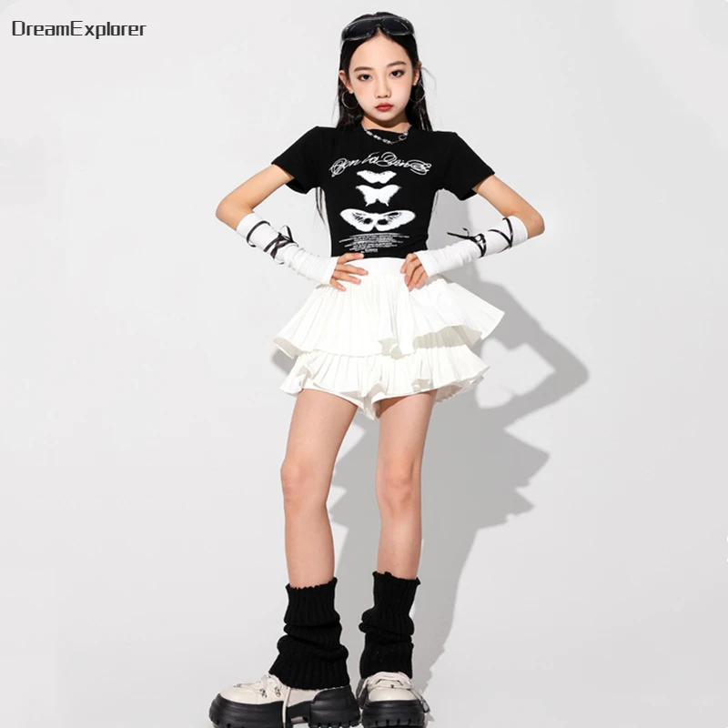 Hip Hop Kids Sweet Crop Top Street Dance Tiered Skirts Girls Streetwear Child Jazz Cheerleader Costume Jang Wonyoung Clothes Set