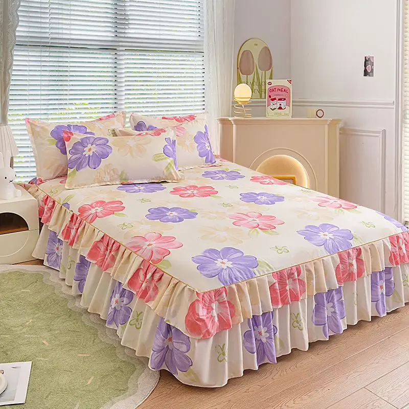 Korean Style Cartoon Bed Skirt Single Mattress Cover Non-Slip Protection Double Bed Cover with Bilateral Skirt