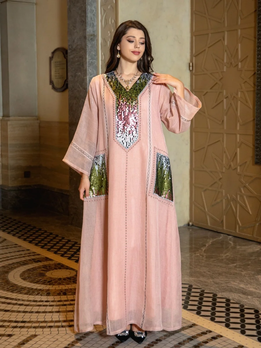 Siskakia Sequins Patchwork Abayas For Woman Dubai Luxury 2025 V-Neck Moroccan Kaftan Dress