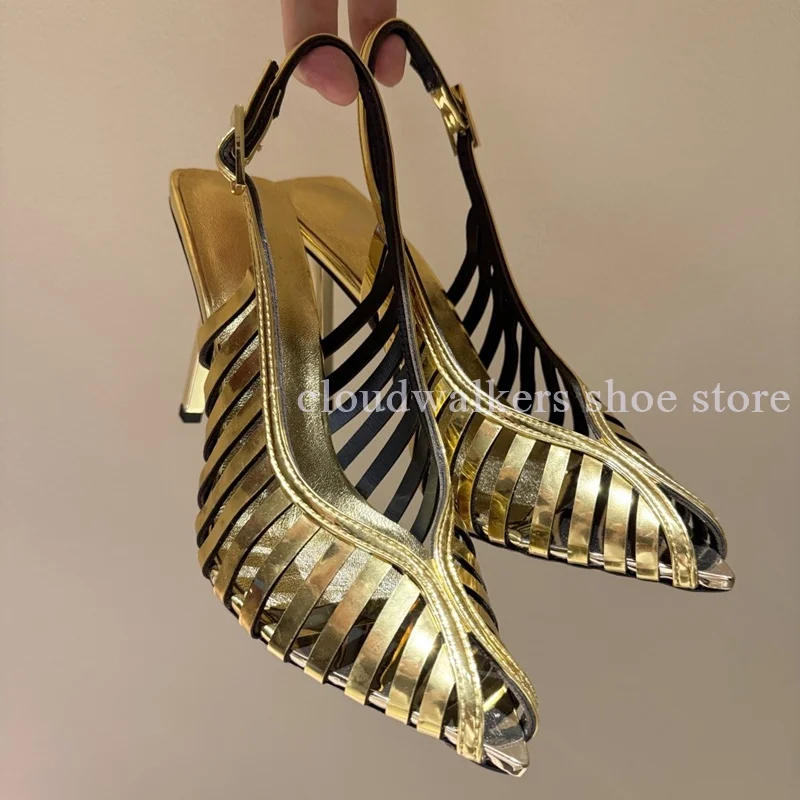 

Shiny Patent Leather Three Dimensional Tailoring V-Shaped Shallow Mouth Design Sandal Sexy Metal Heel Point Toe Stiletto Sandals