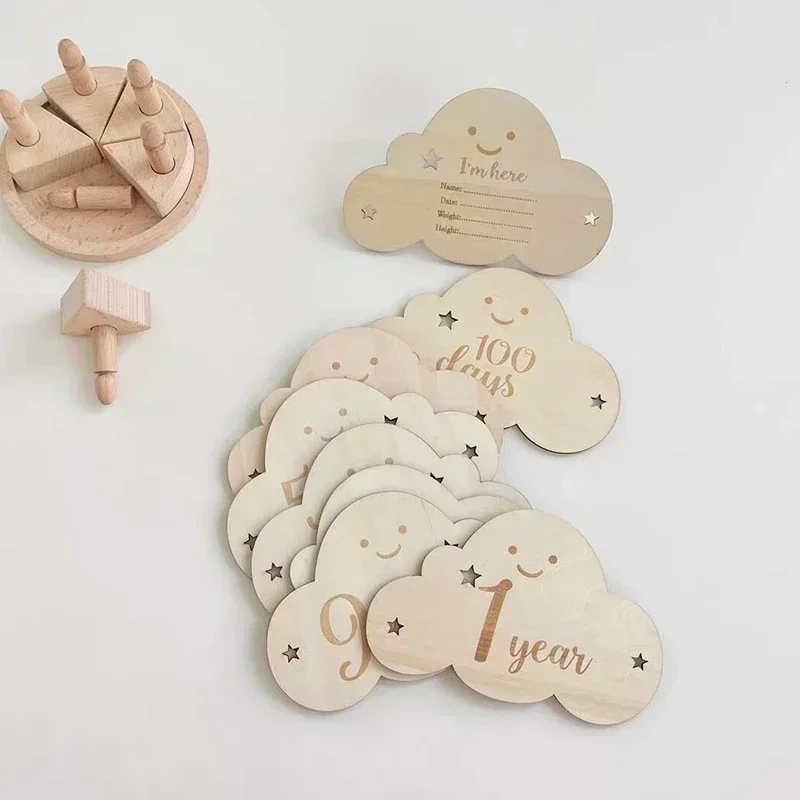 8 unid/set de tarjeta de hito de madera para bebé recién nacido, accesorios de fotografía con forma de nube bonita, tarjetas de mes, pegatina, regalos para recién nacidos