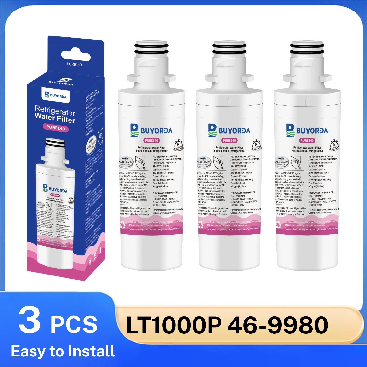 

LT1000PC Refrigerator Water Filter Replacement for LG LT1000P ADQ747935 MDJ64844601 Fits LFXS26973S LFXS28596S LMXS28626S 3 Pack