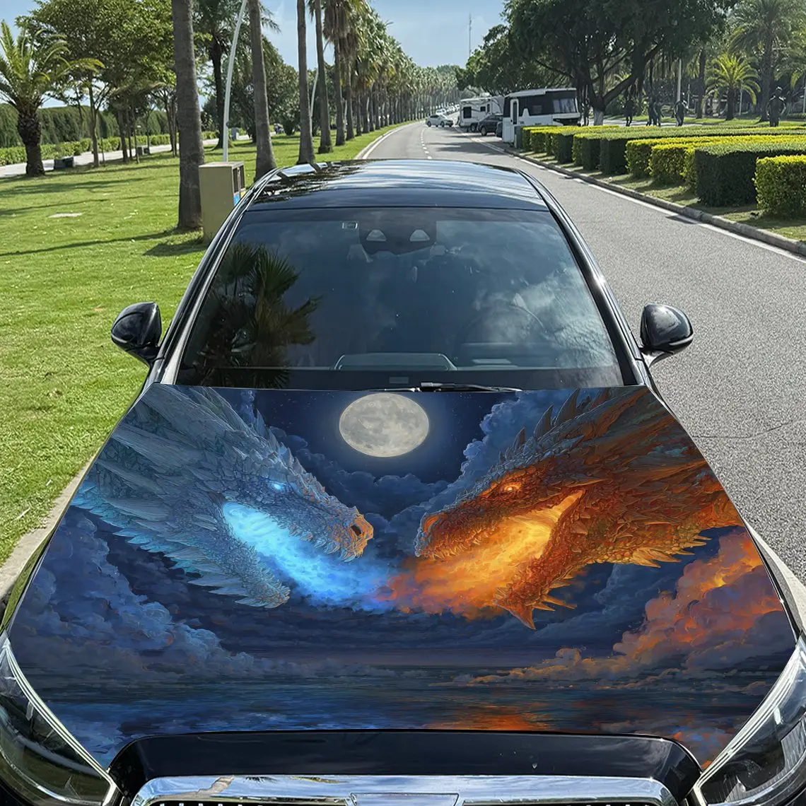 

Blue - Flamed and Orange - Fired Twin Dragons Pattern car hood stickers, waterproof self-adhesive, scratch resistant, easy to st