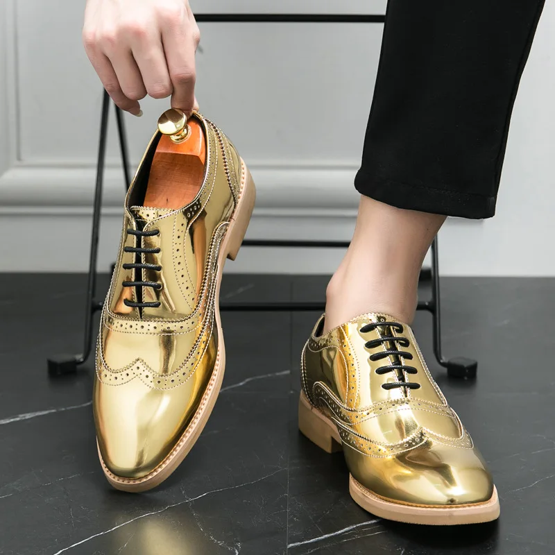 Luxury Golden Bullock Leather Men's Shoes Casual Formal Business Suit Shoes Italian Design Wedding Dress Banquet Footwear