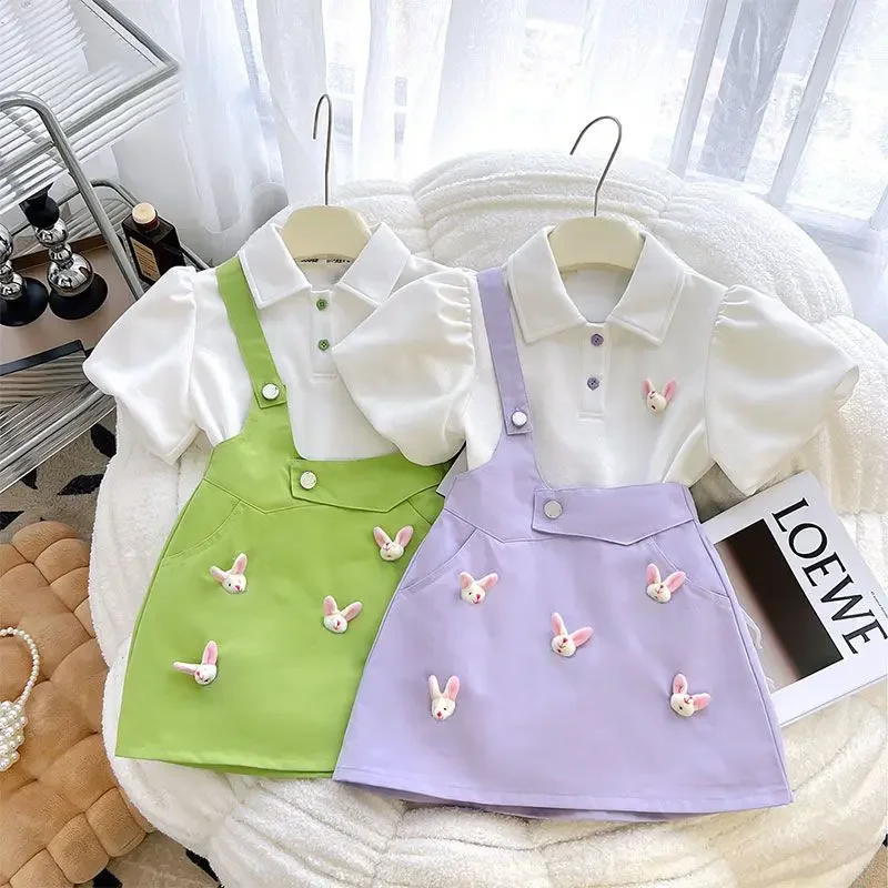 

New Baby Girls Summer Teenage Fashion Sets, Top + Cartoon Skrits 4-12 T