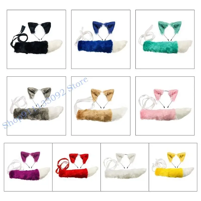 H9ED realistyczne pluszowe pałąk do ucha zwierząt z ogonowym zestawem kostiumów anime maskarady Kobiety