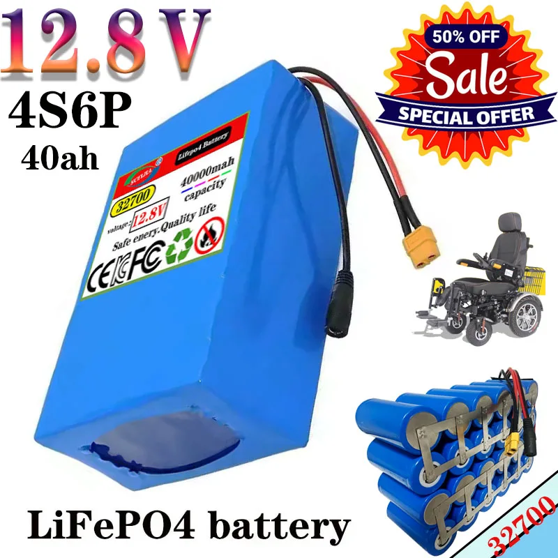 32700 4S6P 12.8 V 40000 mAh Lifepo4 battery + 14.6 V 5 A charger with 40 A same port, symmetrical BMS, 12 V power supply