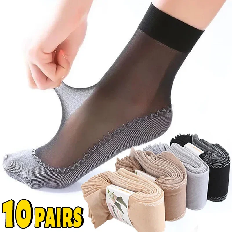 1/10pairs Silk Velvet Ankle Short Sox Elastic Lace Socks Women Transparent Ultrathin Female Mesh Non-Slip Bottom Splice Sock