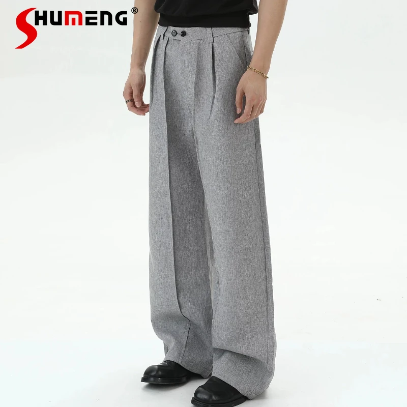 2026 Men's Summer New Fashion High Waist Straight Pants Loose Comfort Chic Wide Leg Trousers Pocket Decoration Solid Color Pants
