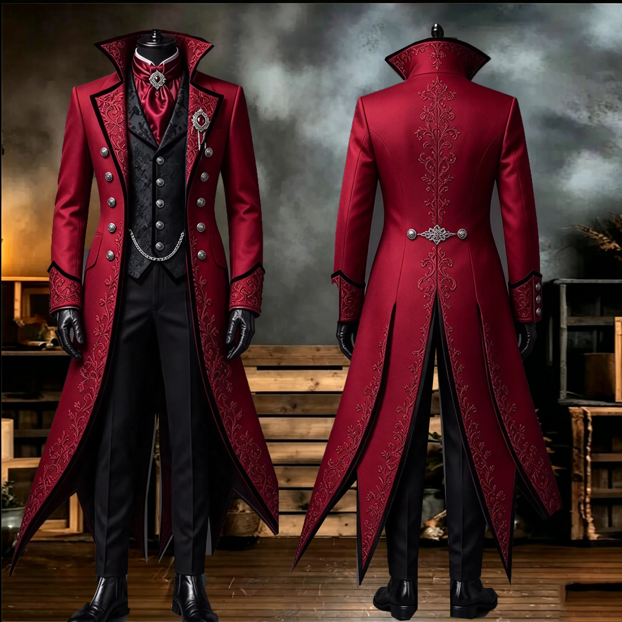 Man Gothic Style Tuxedo Suit Sets For Red Embroidered Jacket Jacquard Waistcoat Trousers 3 Pieces Victorian Cosplay For Wedding