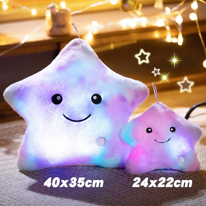24x22/40x35cm Glowing Star Plush Pillow Stuffed Smiling Face Soft Purple Blue Green Yellow Overnight Plushie Friend Gift
