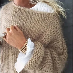 Autumn Winter New Knitted Loose Solid Pullovers Office Lady Casual Warm Thick Sweater Fashion Crew Collar Long Sleeve Jumpers