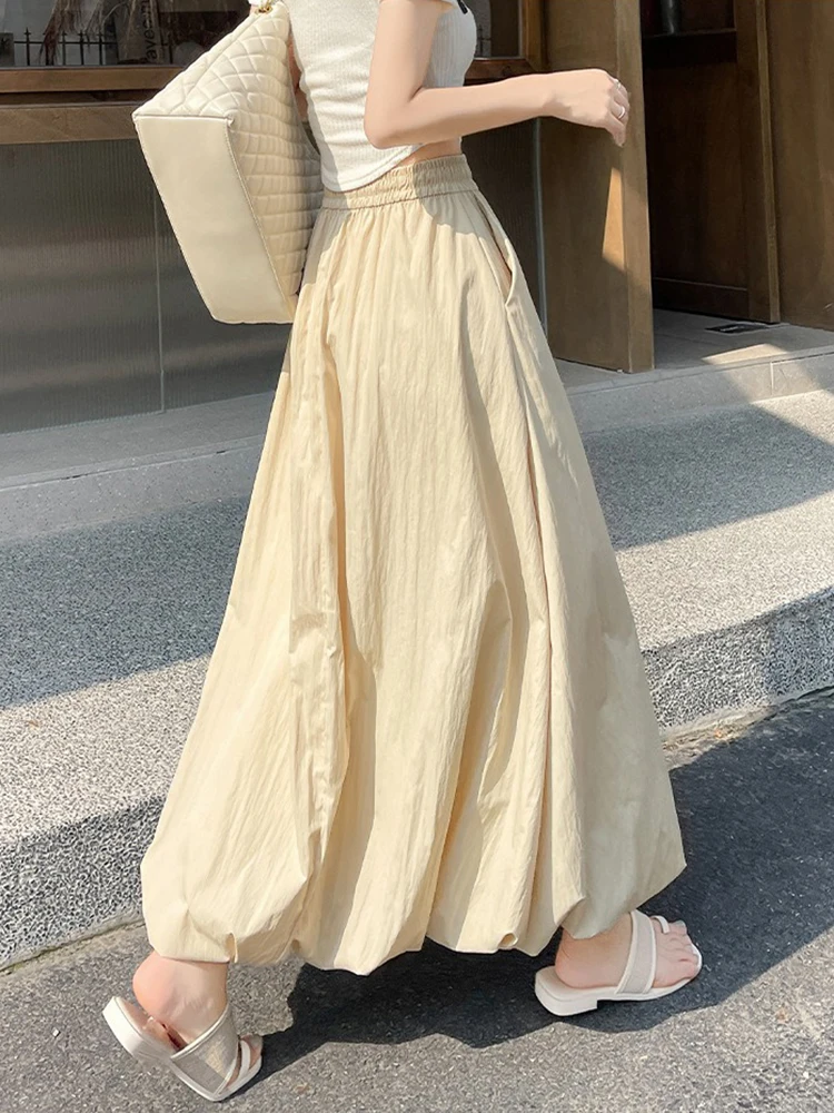 Japanese Style Sweet Long Skirts Spring Summer Women High Waist Slim Design Solid A-line Lantern Skirt