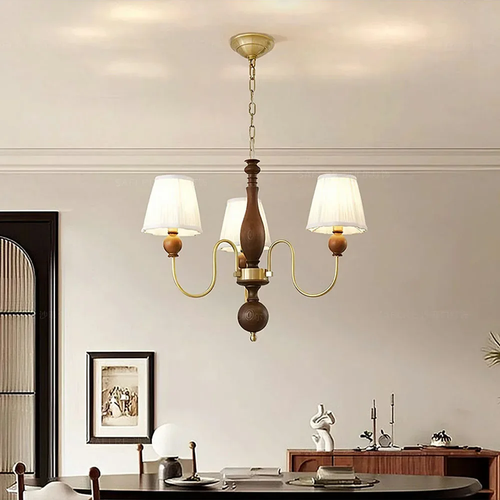 Copper Pendant Lighting Retro Living Room Fabric Chandelier Middle-Aged Style Room Bedroom Dining Room Hanging Lamp
