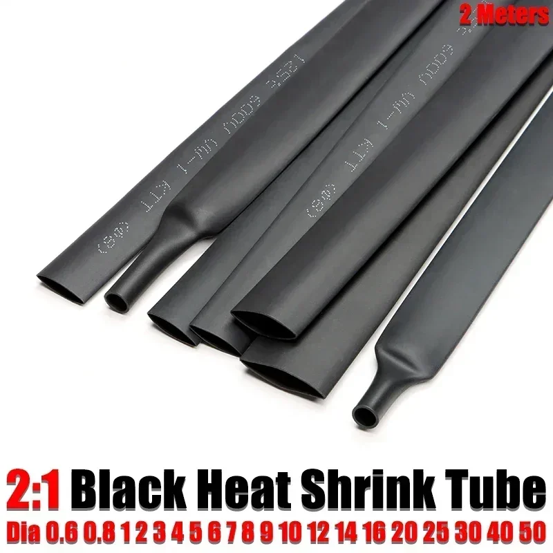 2Meters Black 2:1 HeatShrink Tube Dia 1 2 3 4 5 6 7 8 9 10 12 14 16 20 25 30 40 50mm Cable Sleeve Insulated Wire Protection Tube