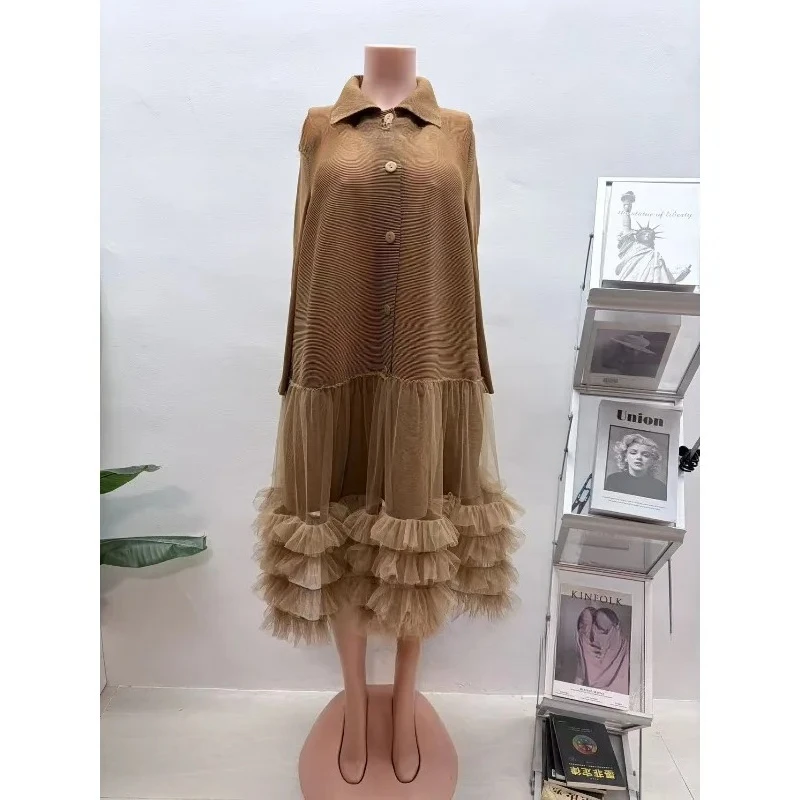 Miyake Geplooide Jurk 2025, Herfst Winter Vintage Effen Kleur Ontwerp Plisse Casual Losse Plus Size Jurk Plooien Dameskleding