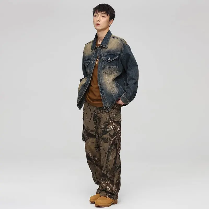 Streetwear Jeansjacke mit Farbverlauf für Herren, Baggy Distressed Faded Denim Jacken, Oversized Casual Outfits, Oberbekleidung im Vintage-Stil – Detail 2