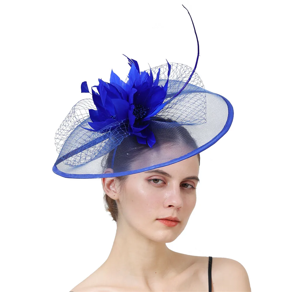 Royal Blue Cocktail Hat Fascinator dla kobiet wesele opaski francuski siateczkowy welon obręcz do włosów ozdoby Bride Feather spinki do włosów