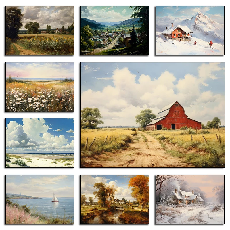 The Four Seasons Vintage Rural Scenery Posters and Prints Canvas Printing Wall Art Picture for Living Room Home Decor Frameless
