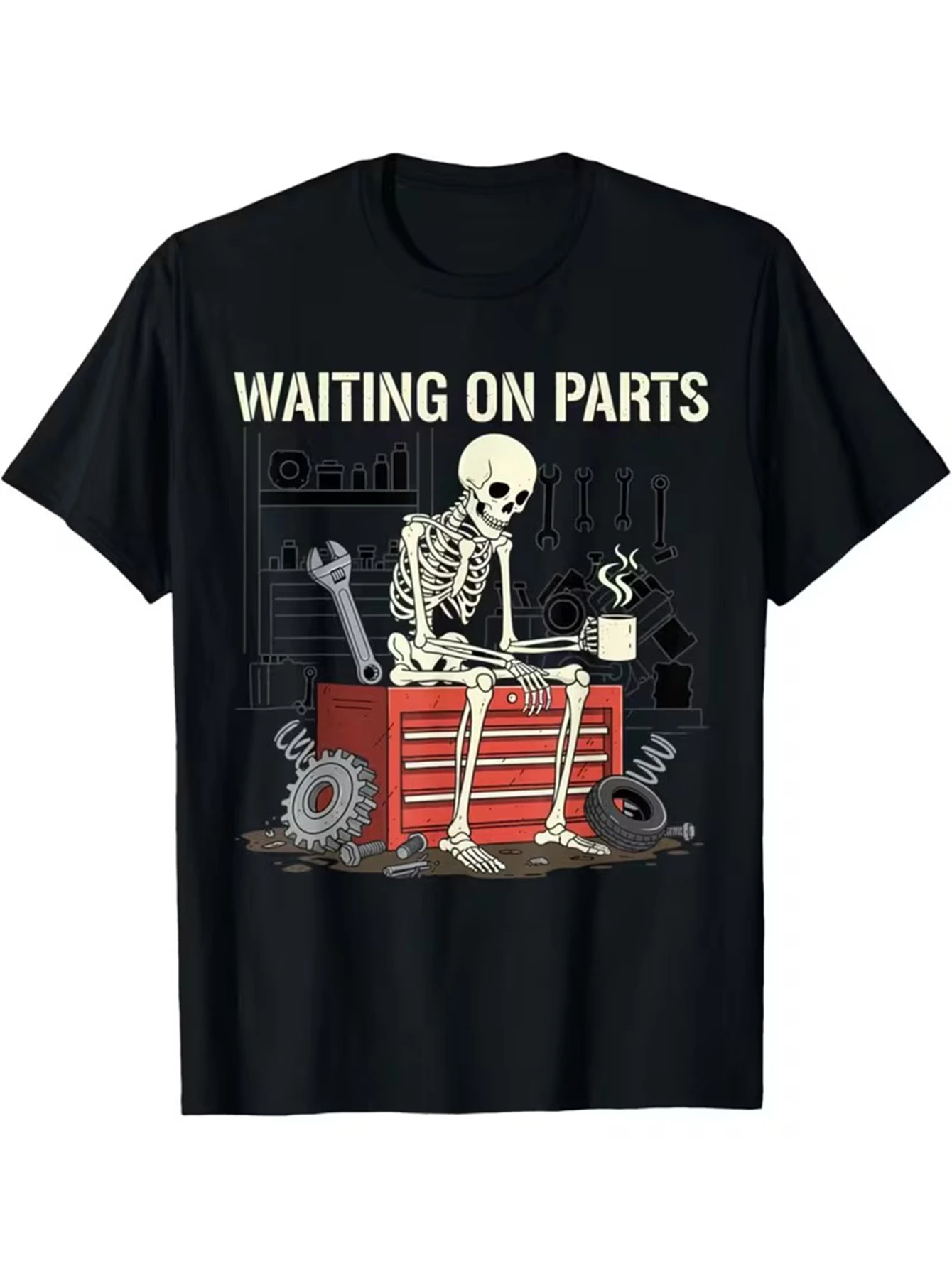Herren-T-Shirt mit Aufdruck „Skeleton Waiting On Parts“, Mechaniker, Garage, Werkzeug, Vintage, Rundhalsausschnitt