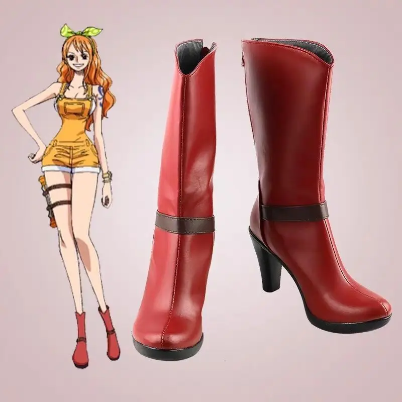 One Piece Nami Cosplay Footwear, Red Mid-Calf High-Heel Cosplay Boots Custom-Made Zipper Shoes for Anime Exhibition Dress Party