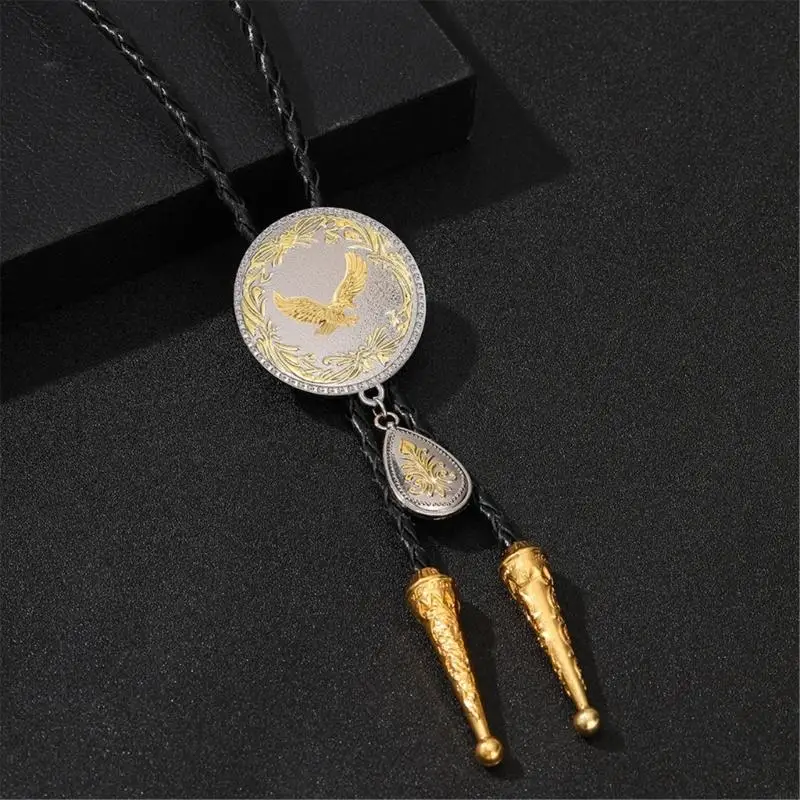 831A Adjustable Western Cowboy Bolo Tie Carved Charm PU Leather Cord 100cm Alloy Clasp for Comfortable Fit and