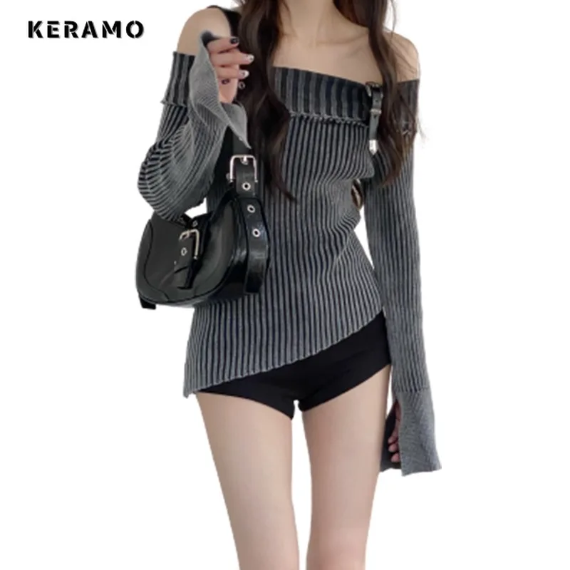 2023 Winter Hotsweet Casual Off Shoulder Knitting Long Sleeve Pullovers Women Striped Sheath Ladies Sexy Knitwear Sweater