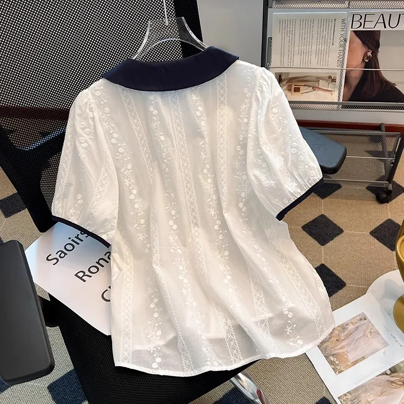 

Faionable ort Sve Вышитый irt Женский летний утягивающий топ с кукольным воротником в Корейском стиле Свободного покроя из смеси полиэстера