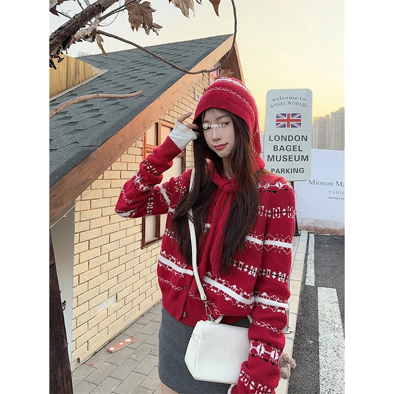 

Vintage Print Knitted Cardigan Women Harajuku Red Hooded Sweater Outerwears Korean Long Sleeve Knitwears Winter Design Jumpers