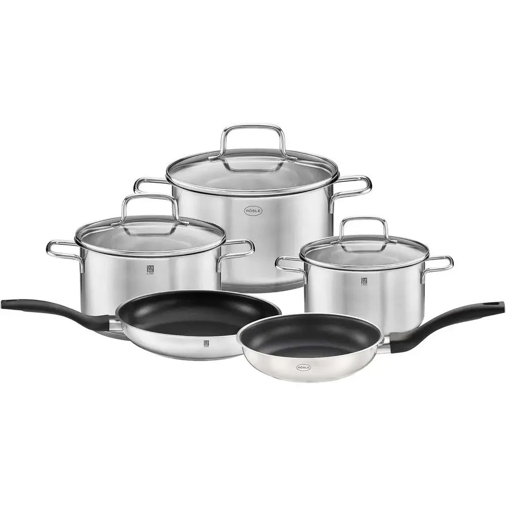 5-Piece Stainless Steel Cookware Set with Glass Lid and Pouring Rim, Compatible with Induction and Dishwasher Safe