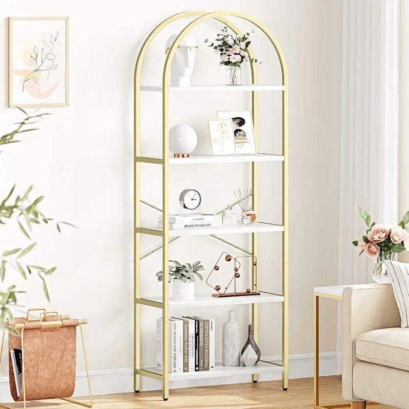 

Bookshelf 5 Tier Bookcase Arched Display Racks Tall Standing Bookshelves Metal Frame Modern Storage Rack Shelf Large Wood