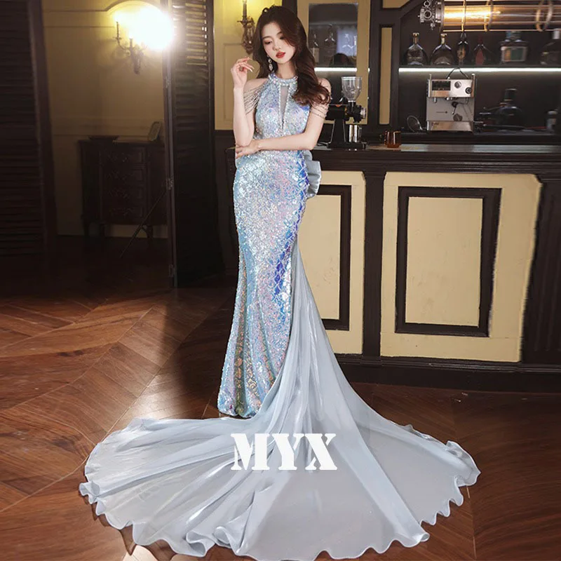 BlingBling Mermaid Evening Dress Luxurious Halter Neck Beaded Tassel Sleeves Bridal Wedding Dresses Bow Big Trailing Party Gown