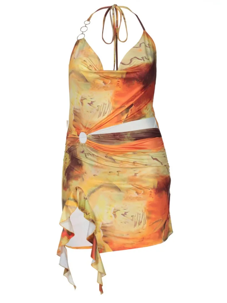 Vrouwen Mode Sexy Party Mini Jurk Elegant Gedrukt Bodycon Laag Uitgesneden Halter Hals Hol Vestidos Nachtclub Onregelmatige Jurken