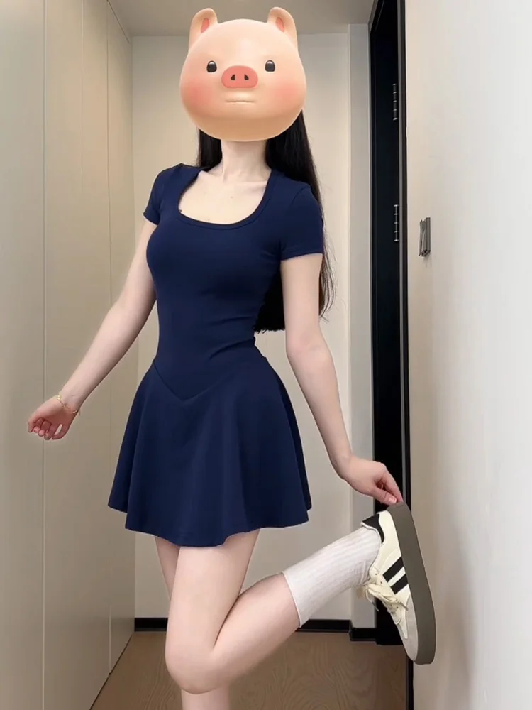 

Синее летнее платье-трапеция с U-образным вырезом для стройности, в корейском стиле, для офиса, для модных девушек, высококачественное, элегантное и дерзкое.