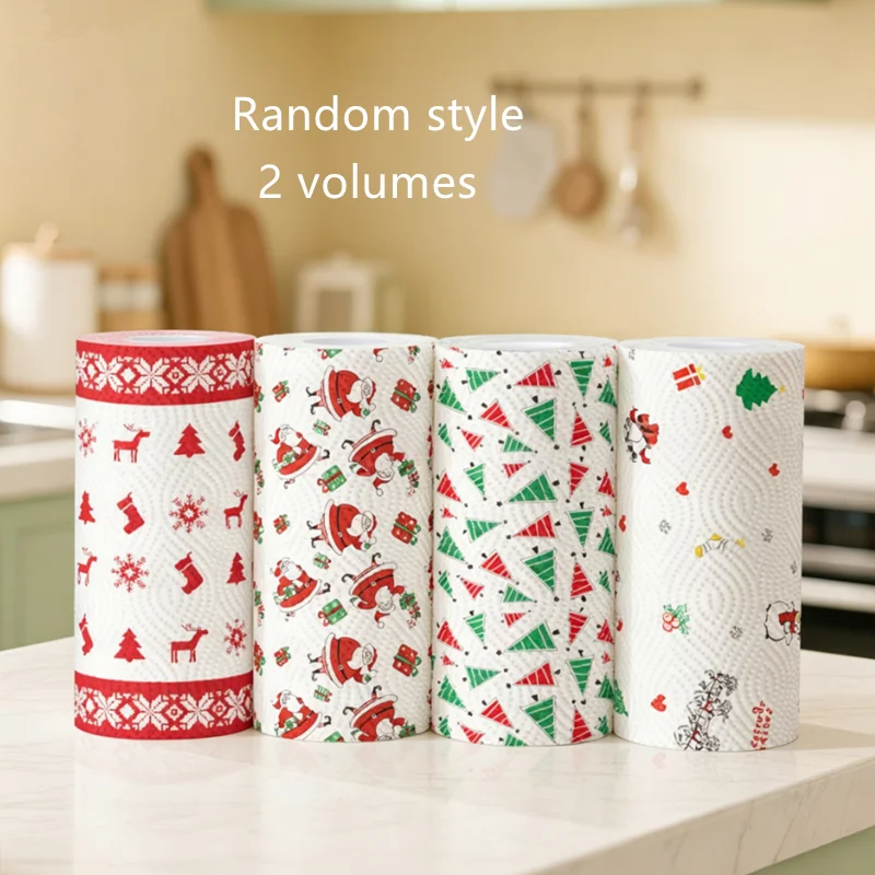 Christmas Kitchen Paper Roll - 2 rolls, thick 3-layer disposable cleaning wipes, water-absorbing and durable