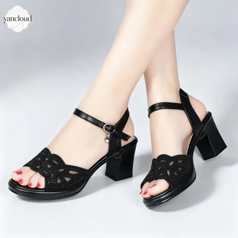 6.5cm Plus Size 35-43 Elegant Rhinestone Shoes Genuine Leather Sandals 2026 Women's Block Heels Sandals for Office Daily Mom