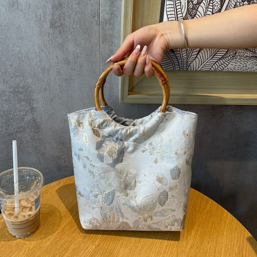 Chinese Style Jacquard Handbag Floral Top Handle Floral Fabric Top Handle Bag Lightweight Bamboo Circle Handle Handbag