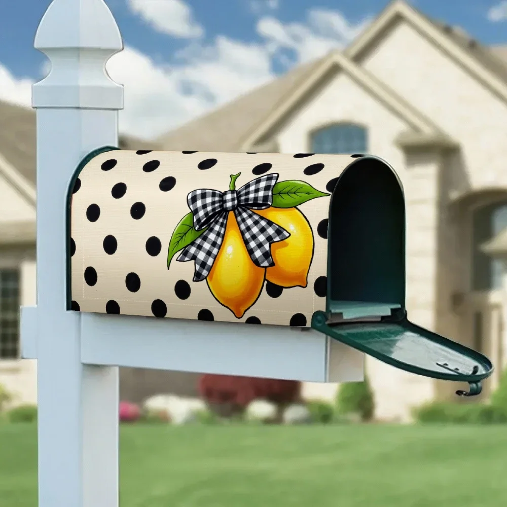 1pc Lemon themed mailbox cover with polka dot and buffalo plaid bow, suitable for outdoor mailbox decoration for yards, gardens.
