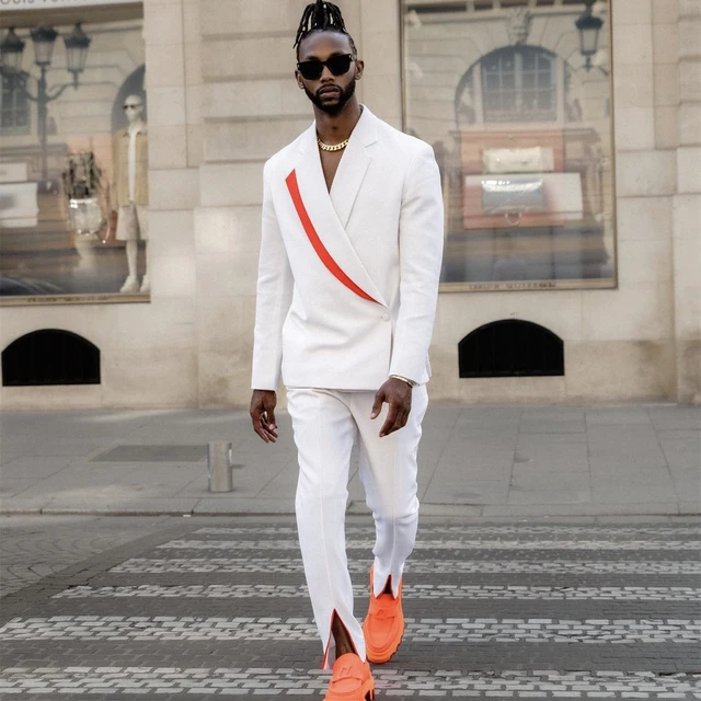 Full Men s Suit 2 Piece Red And White Lapel Color Blazer Pants with Open Legs Causal Outwear Fashion Male Clothing Classic Fit AliExpress