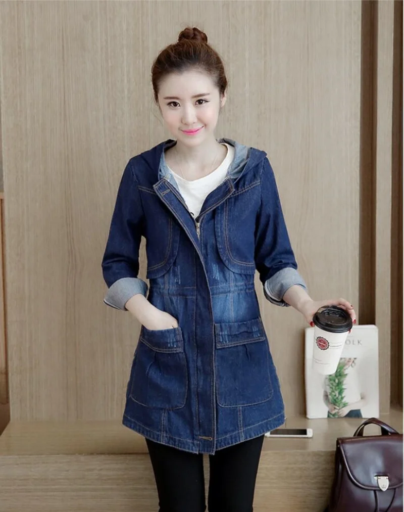 Women's Hooded Denim Jacket Casual Long Jeans Coat Korean Style Spring Autumn Versatile Loose Fit Cowboy Top for Females