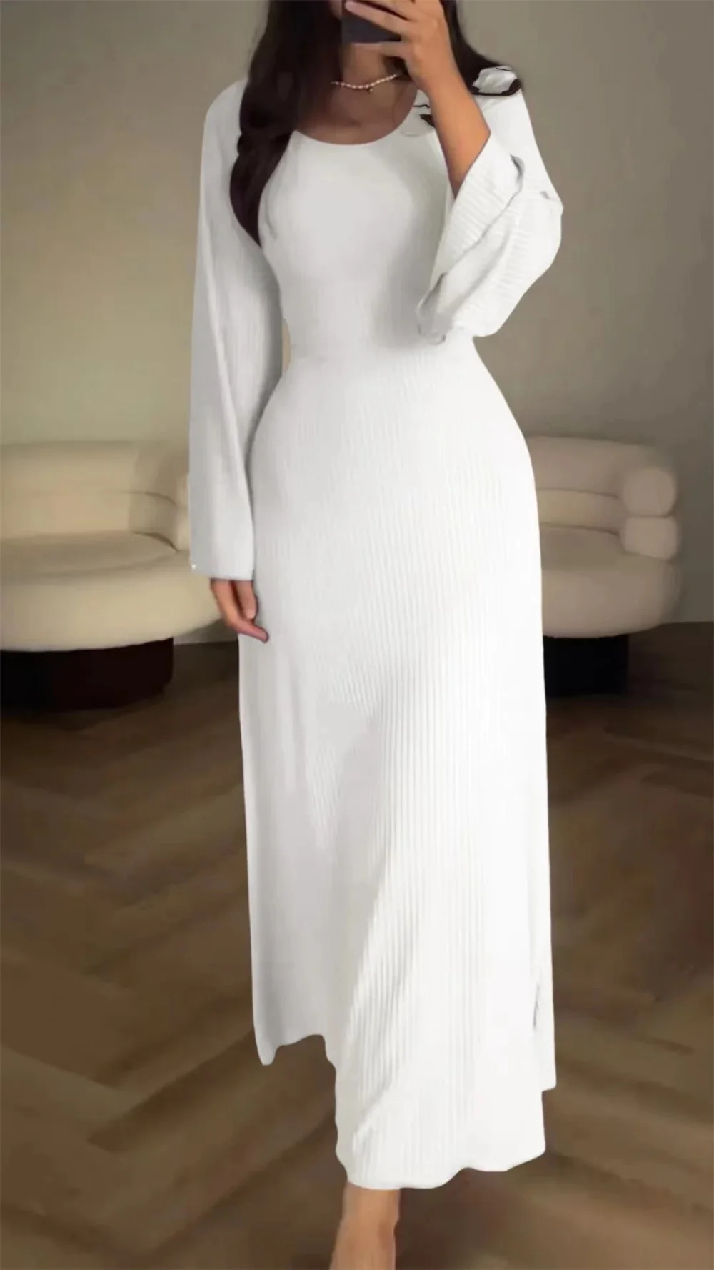 

Women Knitted Flare Long Sleeve Commuting Long Dress Autumn Elegant Lace-up Solid O-Neck High Waist A-line Robe