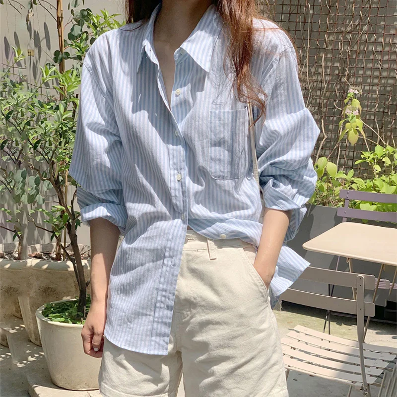 

Casual Vertical Striped Women's irt Spring Autumn New Sle Versatile Loose Fit Korean Sle Long Sve Button up