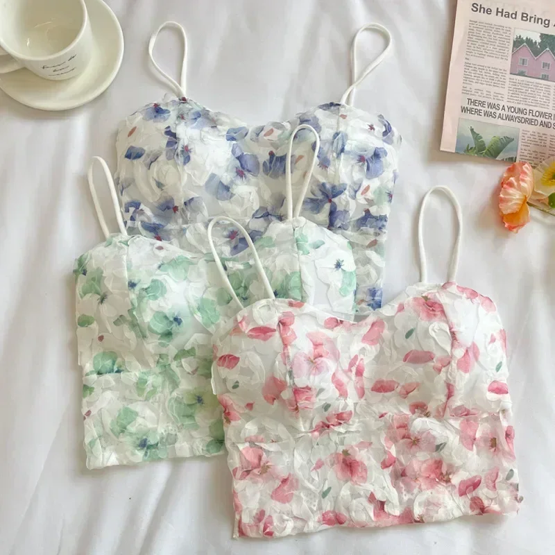 Summer Sweet Floral Corset Vest Office Lady Beach Style Sleeveless Blouse Women Fashion Sexy Lace Slim Crop Tops