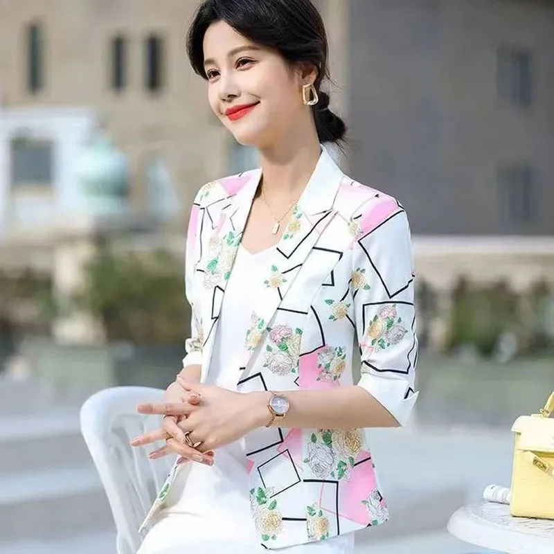 High-Grade Sense Suit Jacket Female Fashion Western Style Spring Printing Sleeve Suit Design Sense Niche Leisure  Leisure Jacket